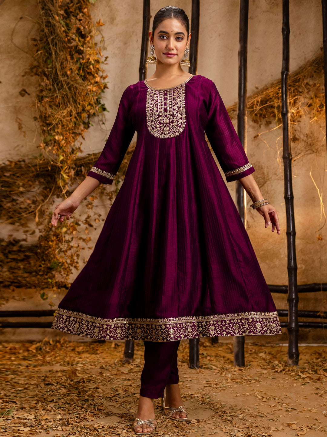 Women's Embroidered Silk Blend Anarkali Kurta Pant With Dupatta Set - FitVibe Fashion