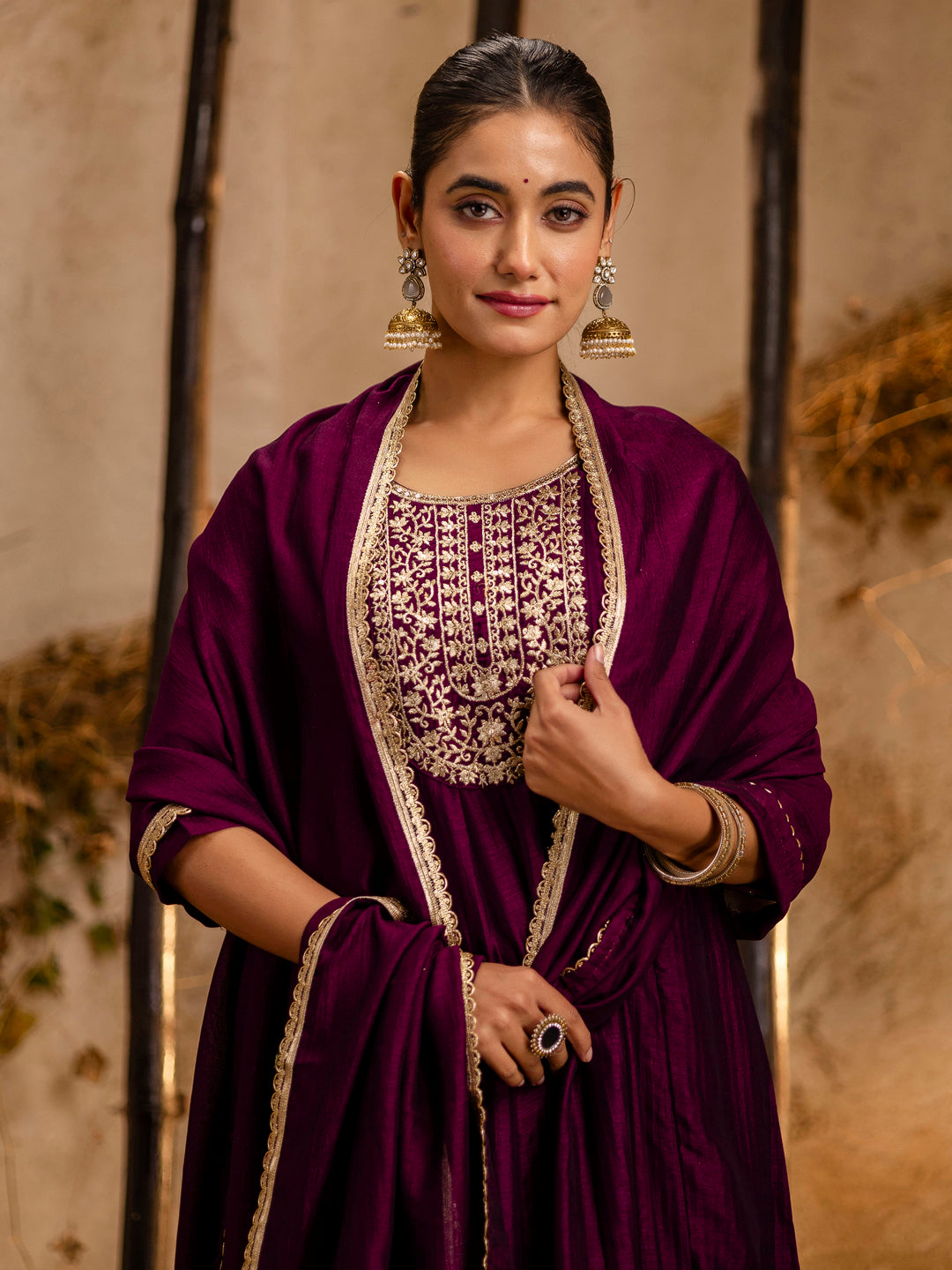 Women's Embroidered Silk Blend Anarkali Kurta Pant With Dupatta Set - FitVibe Fashion