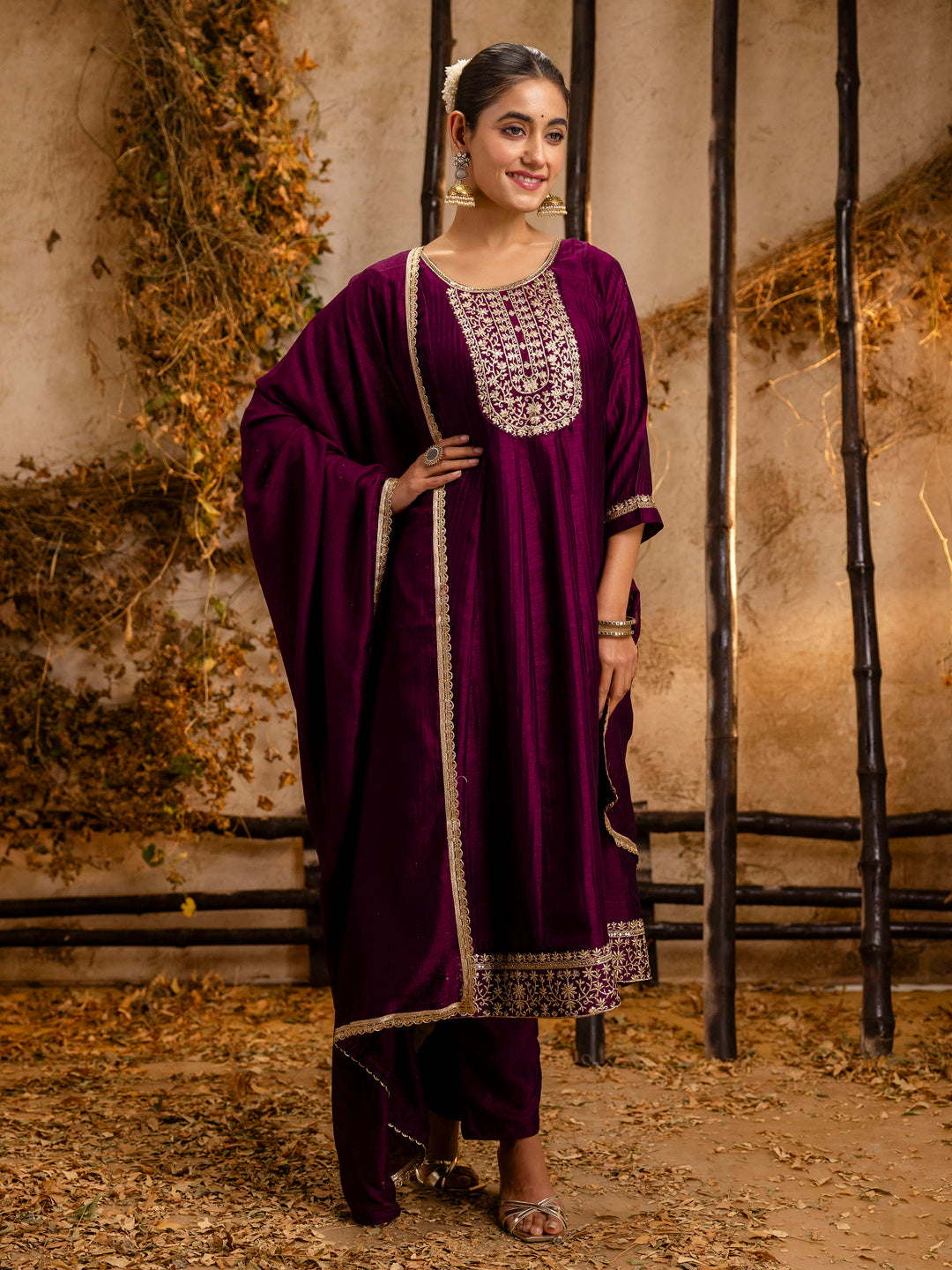 Women's Embroidered Silk Blend Anarkali Kurta Pant With Dupatta Set - FitVibe Fashion