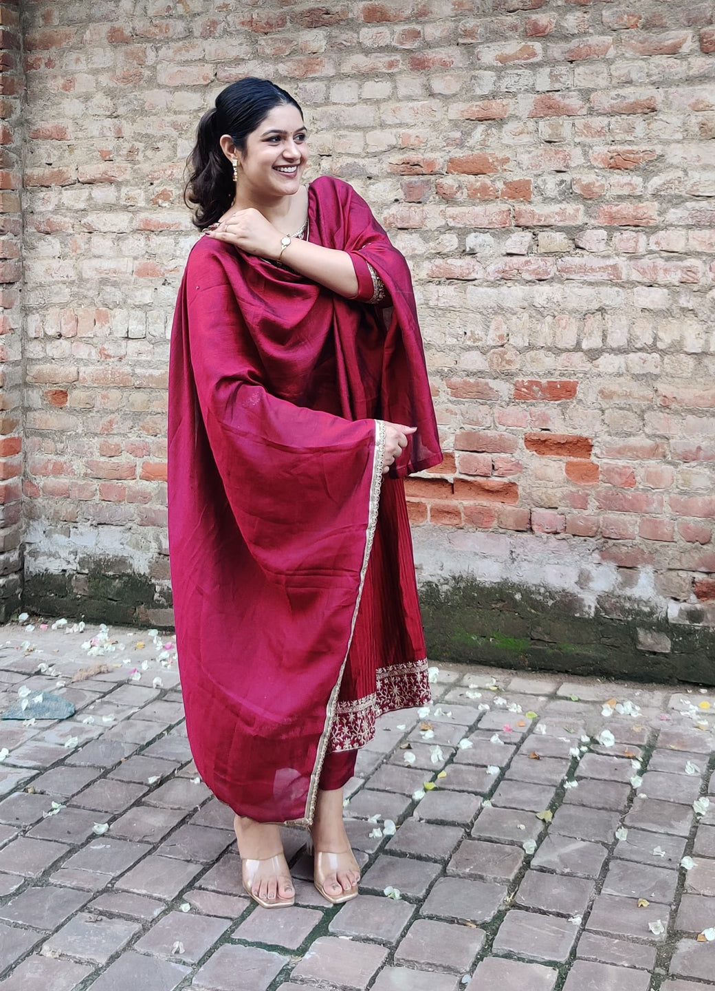 Sutraa Maroon Embroidered Silk Blend Anarkali Kurta Pant With Dupatta Set - FitVibe Fashion