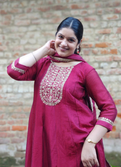 Sutraa Maroon Embroidered Silk Blend Anarkali Kurta Pant With Dupatta Set - FitVibe Fashion