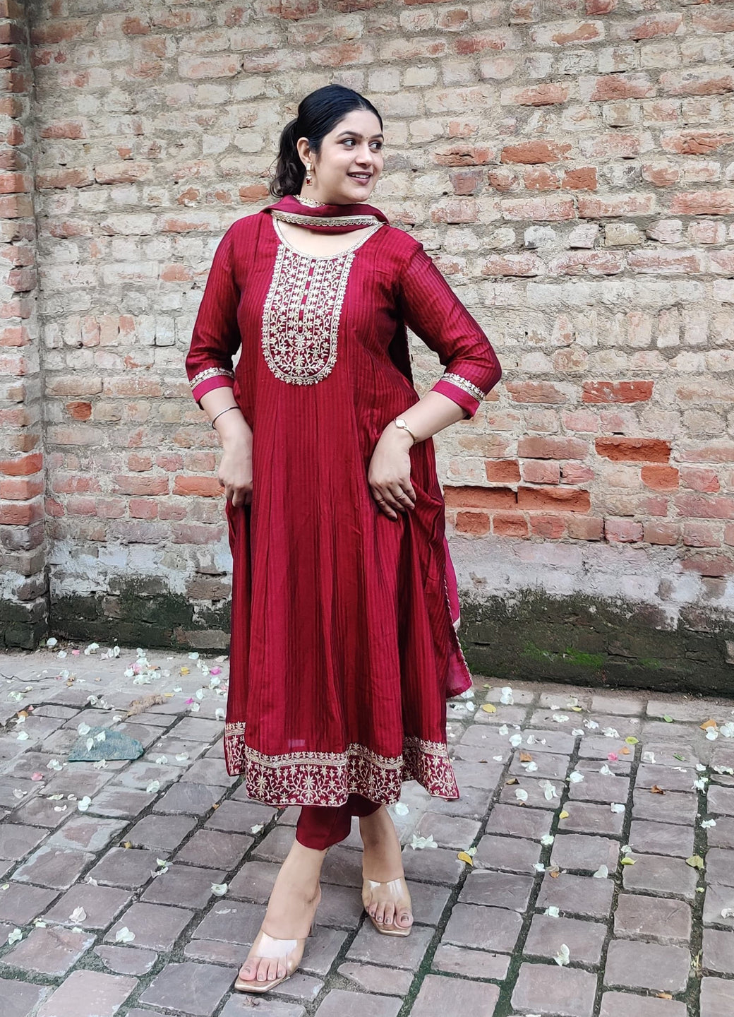 Sutraa Maroon Embroidered Silk Blend Anarkali Kurta Pant With Dupatta Set - FitVibe Fashion