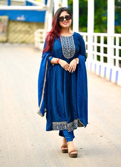 Saaz Teal Embroidered Silk Blend Anarkali Kurta Pant With Dupatta Set - FitVibe Fashion