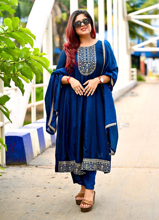 Saaz Teal Embroidered Silk Blend Anarkali Kurta Pant With Dupatta Set - FitVibe Fashion