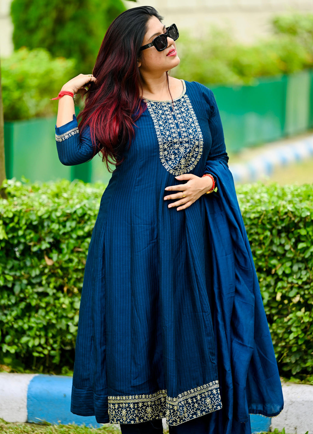 Saaz Teal Embroidered Silk Blend Anarkali Kurta Pant With Dupatta Set - FitVibe Fashion