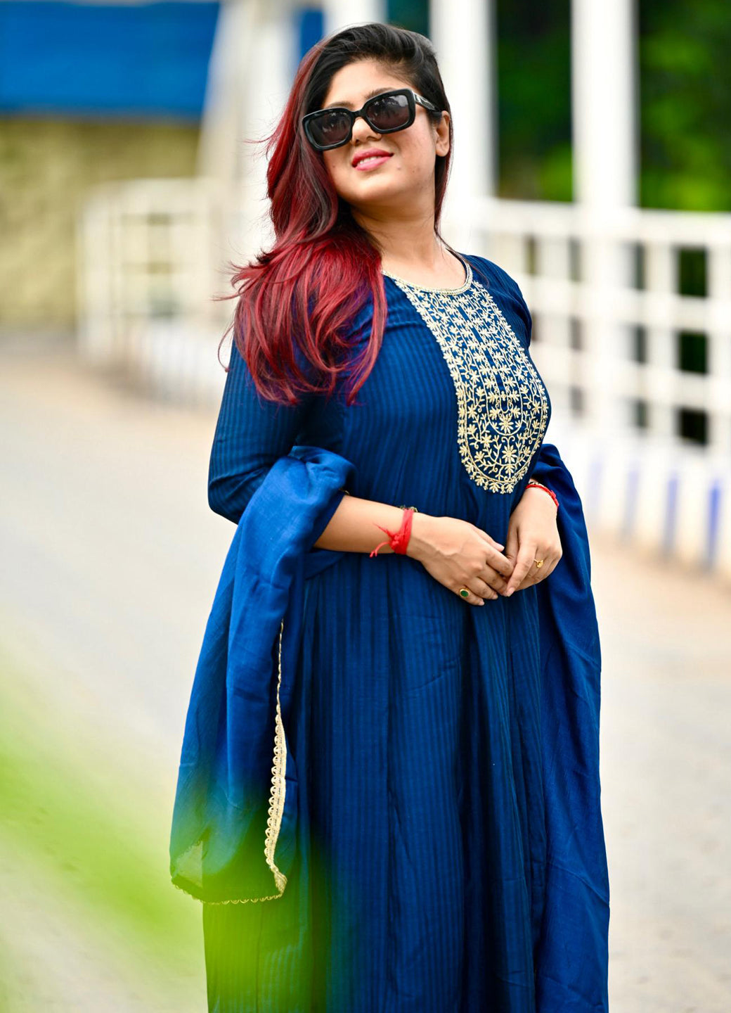 Saaz Teal Embroidered Silk Blend Anarkali Kurta Pant With Dupatta Set - FitVibe Fashion