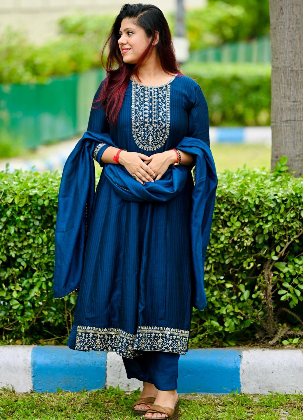 Saaz Teal Embroidered Silk Blend Anarkali Kurta Pant With Dupatta Set - FitVibe Fashion