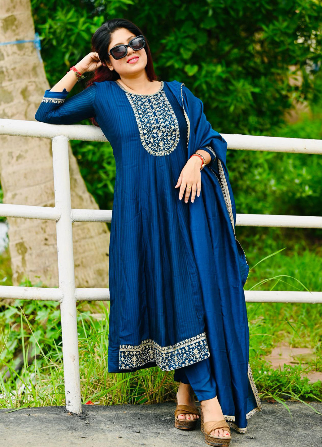 Saaz Teal Embroidered Silk Blend Anarkali Kurta Pant With Dupatta Set - FitVibe Fashion