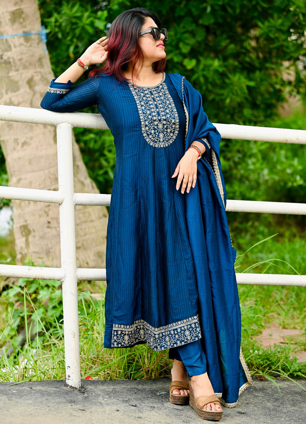 Saaz Teal Embroidered Silk Blend Anarkali Kurta Pant With Dupatta Set - FitVibe Fashion