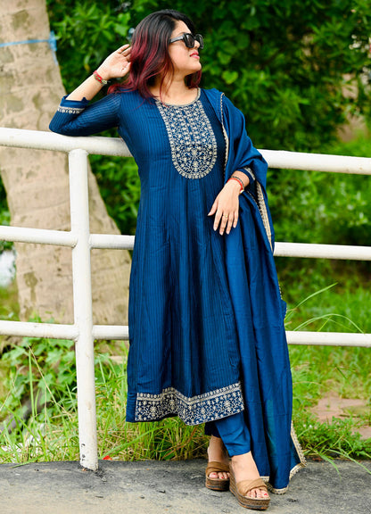 Saaz Teal Embroidered Silk Blend Anarkali Kurta Pant With Dupatta Set - FitVibe Fashion