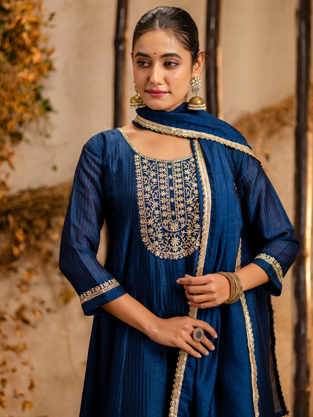 Women's Embroidered Silk Blend Anarkali Kurta Pant With Dupatta Set - FitVibe Fashion