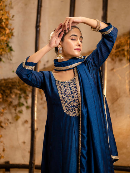 Women's Embroidered Silk Blend Anarkali Kurta Pant With Dupatta Set - FitVibe Fashion