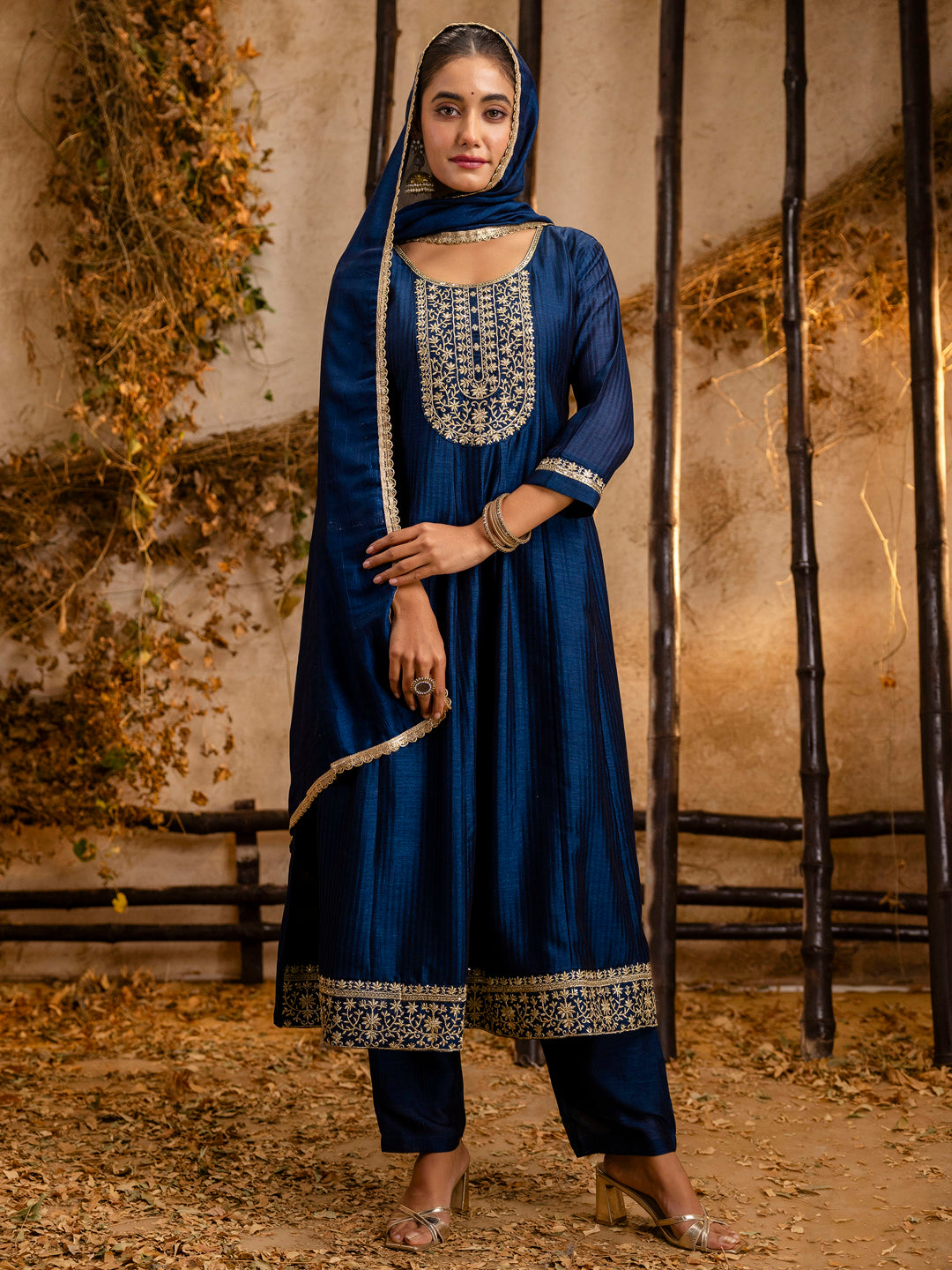 Women's Embroidered Silk Blend Anarkali Kurta Pant With Dupatta Set - FitVibe Fashion