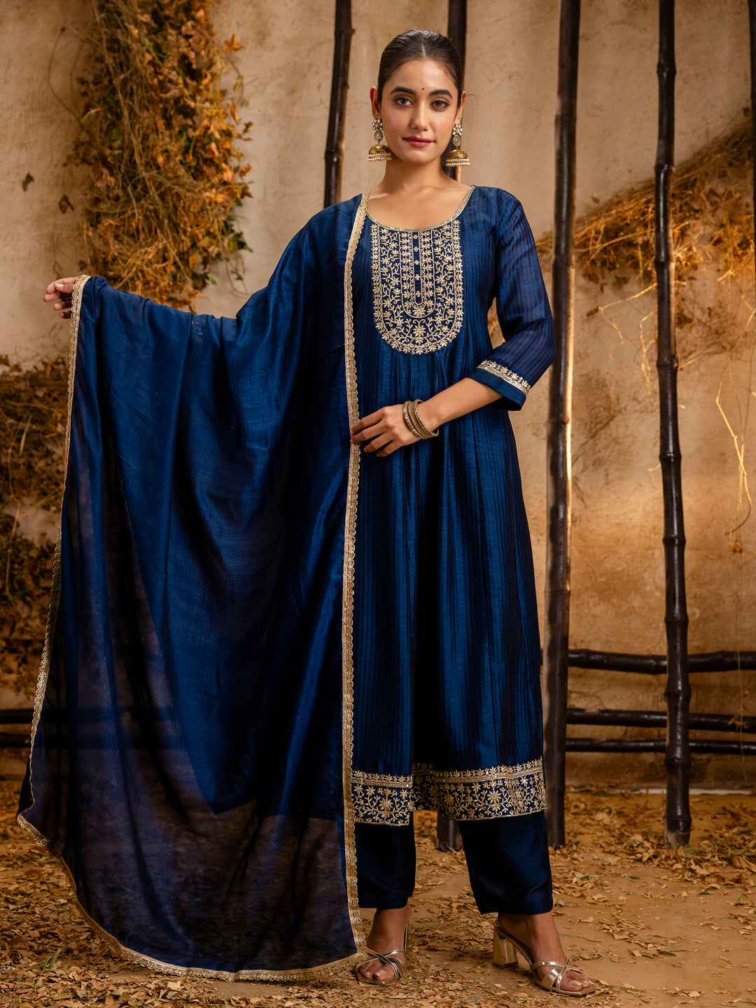 Women's Embroidered Silk Blend Anarkali Kurta Pant With Dupatta Set - FitVibe Fashion