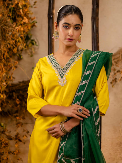 Anvi Women's Embroidered Silk Blend Calf Length Straight Kurta Trouser with Dupatta Set - FitVibe Fashion