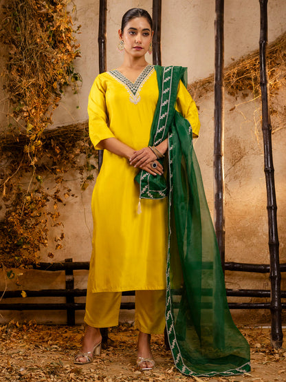 Anvi Women's Embroidered Silk Blend Calf Length Straight Kurta Trouser with Dupatta Set - FitVibe Fashion