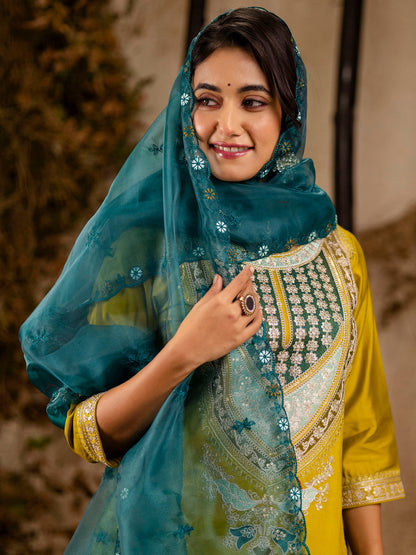 Women's Embroidered Viscose Rayon Calf Length Straight Kurta Trouser with Dupatta Set - FitVibe Fashion