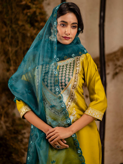 Women's Embroidered Viscose Rayon Calf Length Straight Kurta Trouser with Dupatta Set - FitVibe Fashion