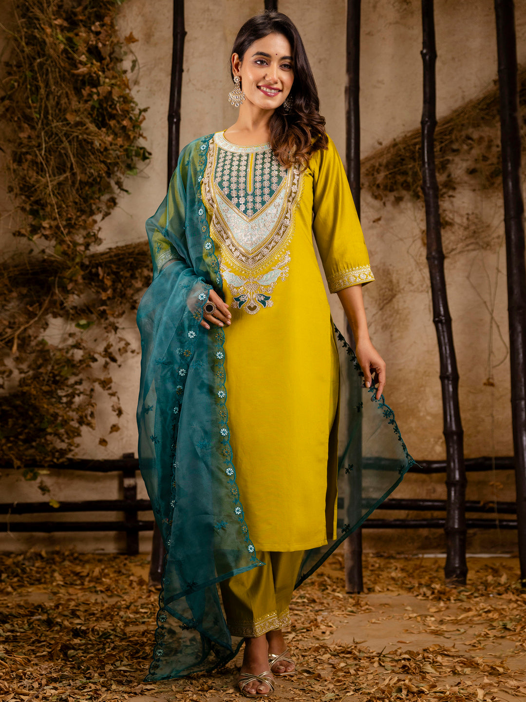 Women's Embroidered Viscose Rayon Calf Length Straight Kurta Trouser with Dupatta Set - FitVibe Fashion