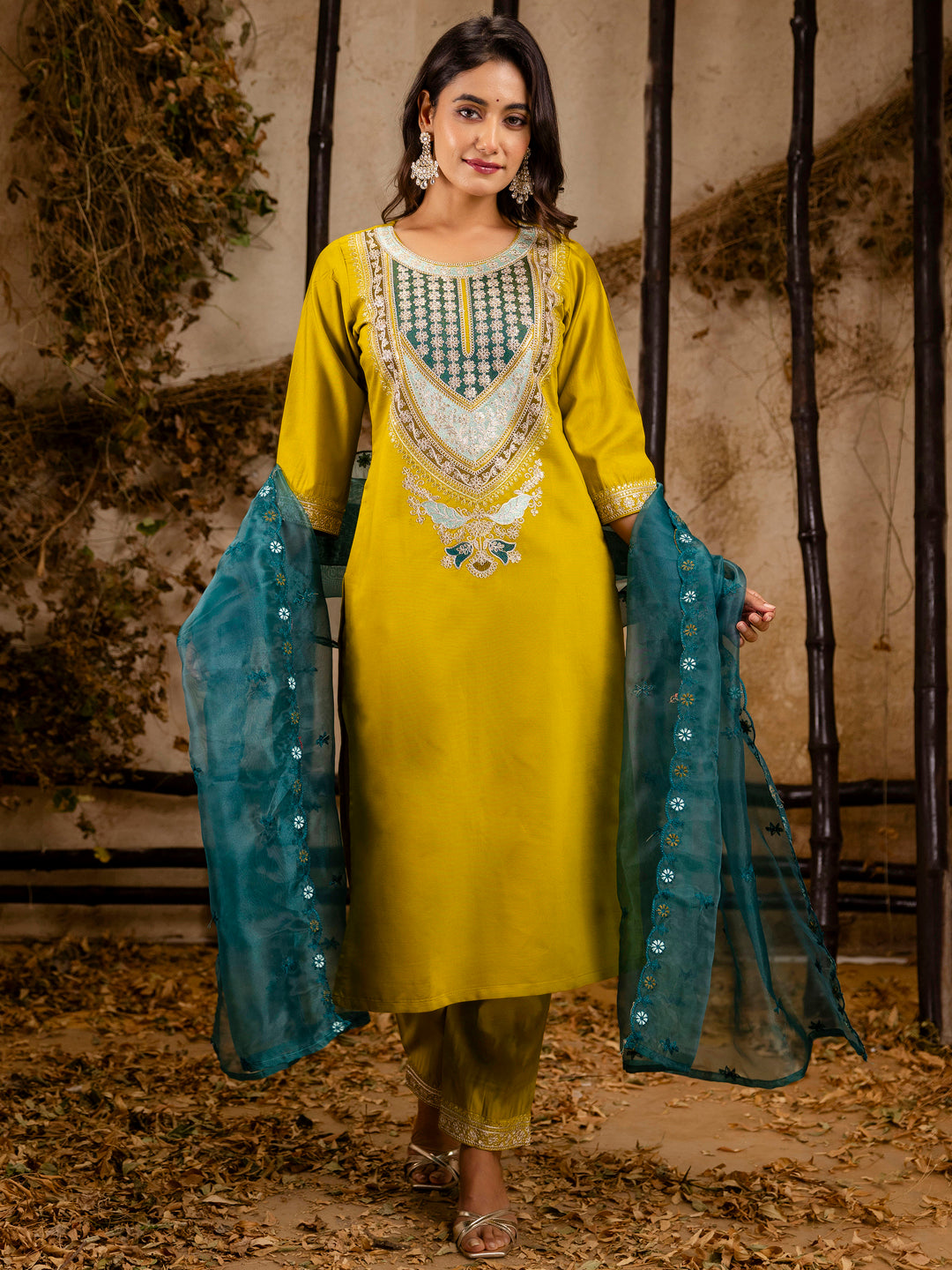 Women's Embroidered Viscose Rayon Calf Length Straight Kurta Trouser with Dupatta Set - FitVibe Fashion