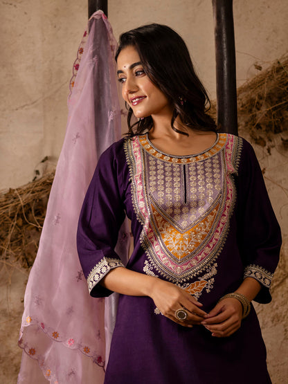 Women's Embroidered Viscose Rayon Calf Length Straight Kurta Trouser with Dupatta Set - FitVibe Fashion