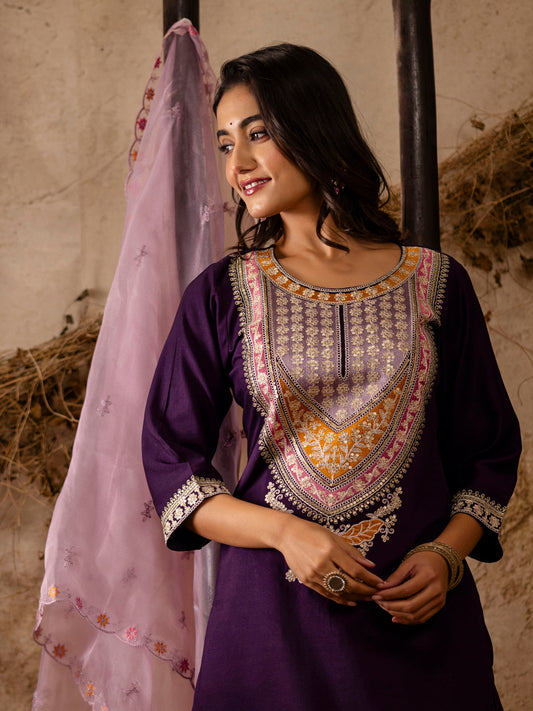 Women's Embroidered Viscose Rayon Calf Length Straight Kurta Trouser with Dupatta Set - FitVibe Fashion