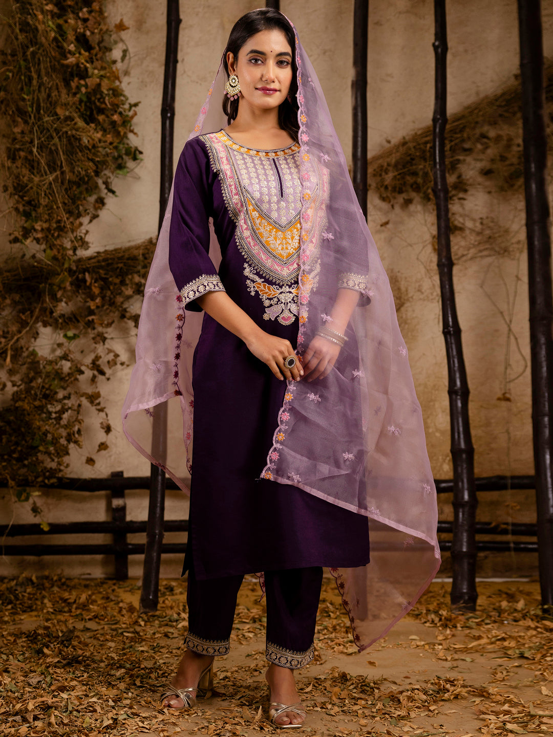 Women's Embroidered Viscose Rayon Calf Length Straight Kurta Trouser with Dupatta Set - FitVibe Fashion