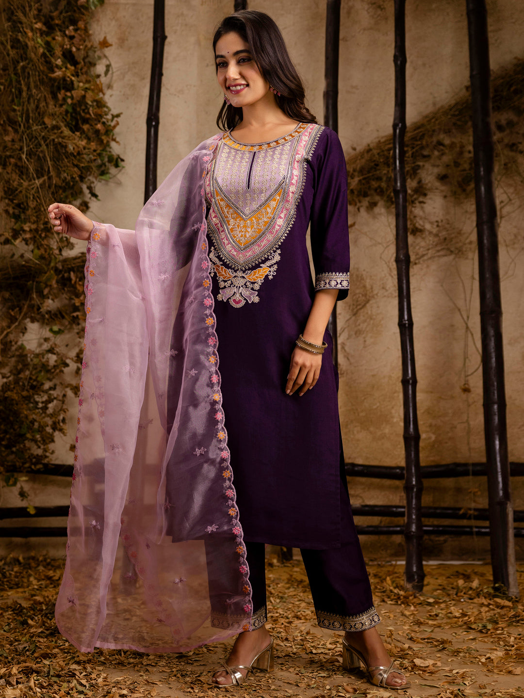 Women's Embroidered Viscose Rayon Calf Length Straight Kurta Trouser with Dupatta Set - FitVibe Fashion