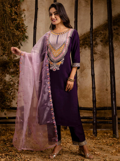 Women's Embroidered Viscose Rayon Calf Length Straight Kurta Trouser with Dupatta Set - FitVibe Fashion