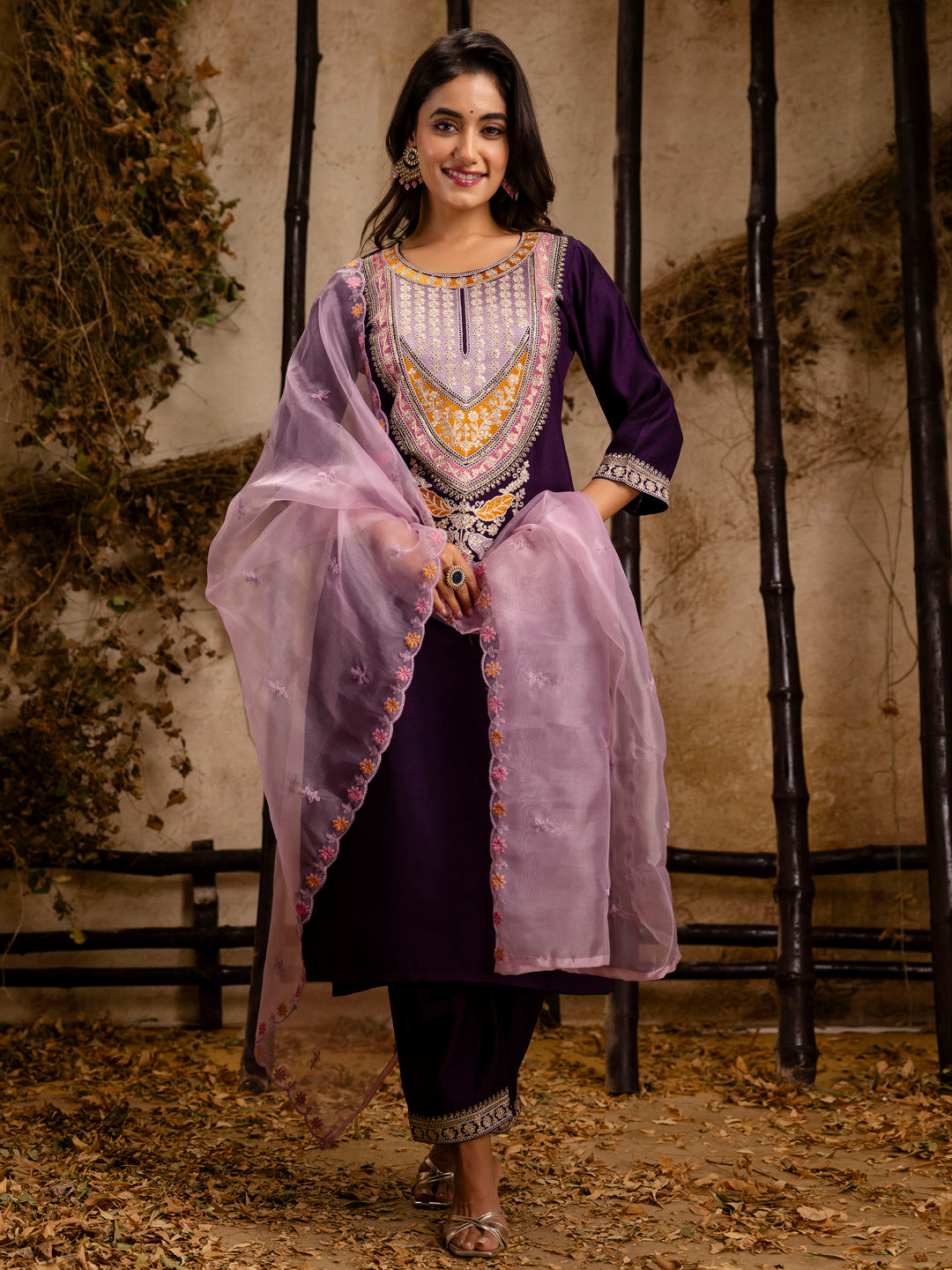 Women's Embroidered Viscose Rayon Calf Length Straight Kurta Trouser with Dupatta Set - FitVibe Fashion