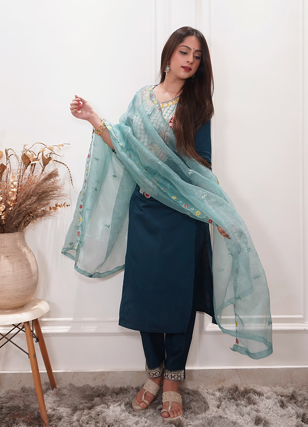 Tanirika Women's Embroidered Viscose Rayon Calf Length Straight Kurta Trouser with Dupatta Set - FitVibe Fashion