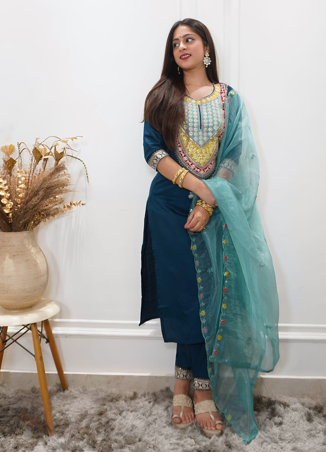 Tanirika Women's Embroidered Viscose Rayon Calf Length Straight Kurta Trouser with Dupatta Set - FitVibe Fashion