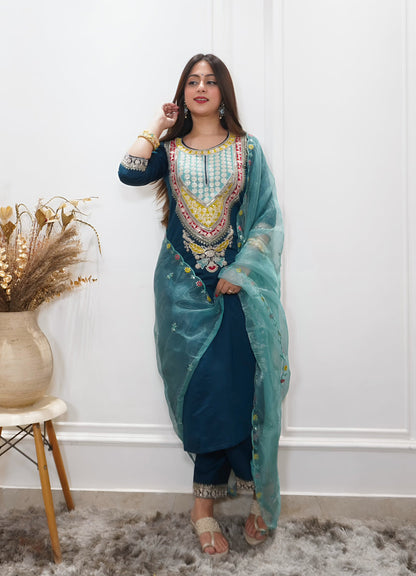 Tanirika Women's Embroidered Viscose Rayon Calf Length Straight Kurta Trouser with Dupatta Set - FitVibe Fashion