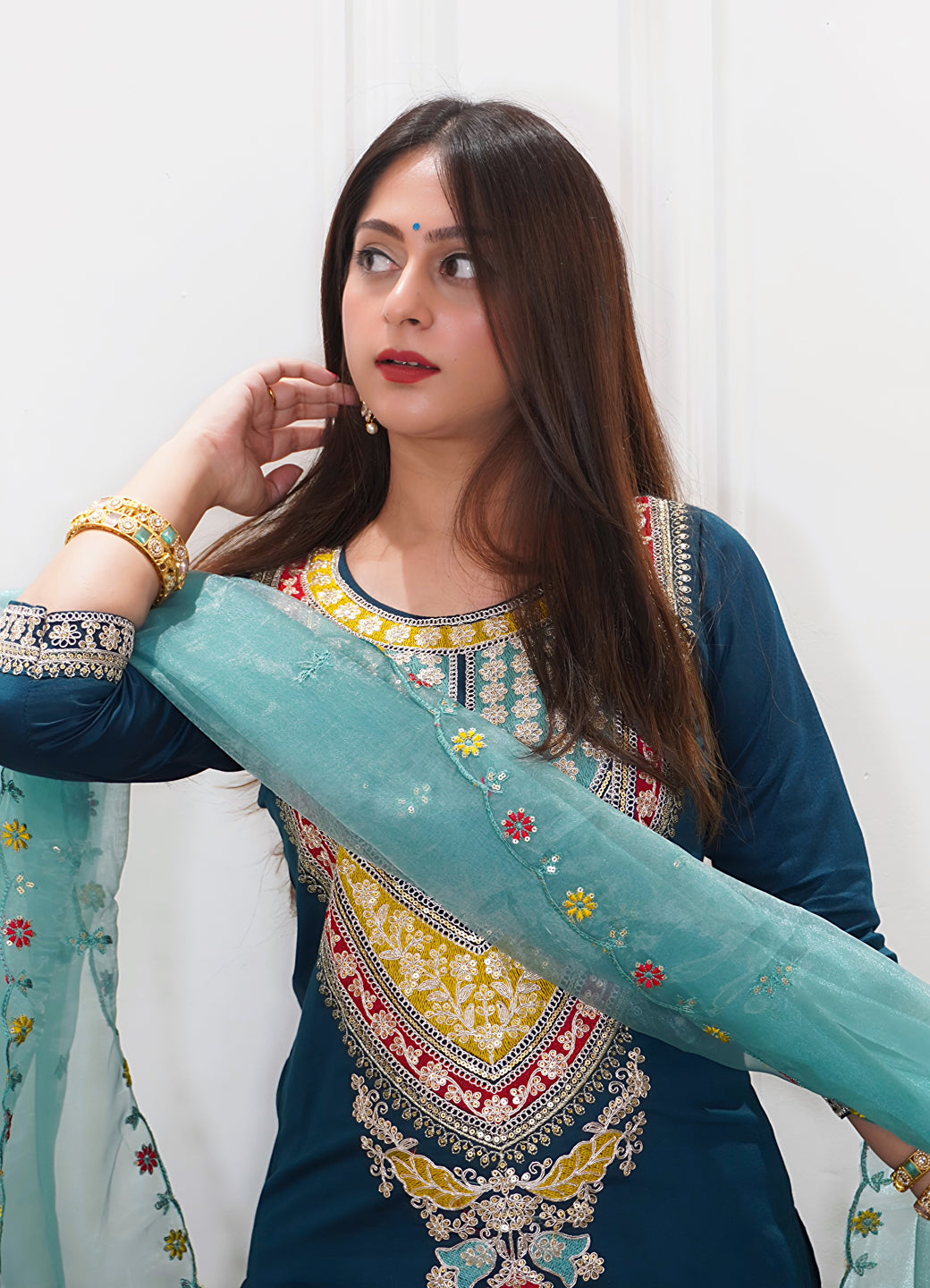 Tanirika Women's Embroidered Viscose Rayon Calf Length Straight Kurta Trouser with Dupatta Set - FitVibe Fashion