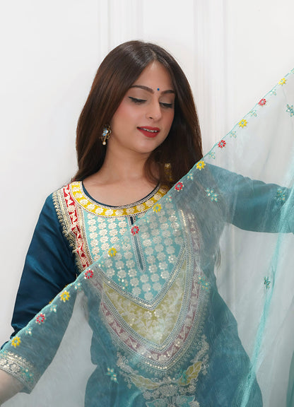 Tanirika Women's Embroidered Viscose Rayon Calf Length Straight Kurta Trouser with Dupatta Set - FitVibe Fashion