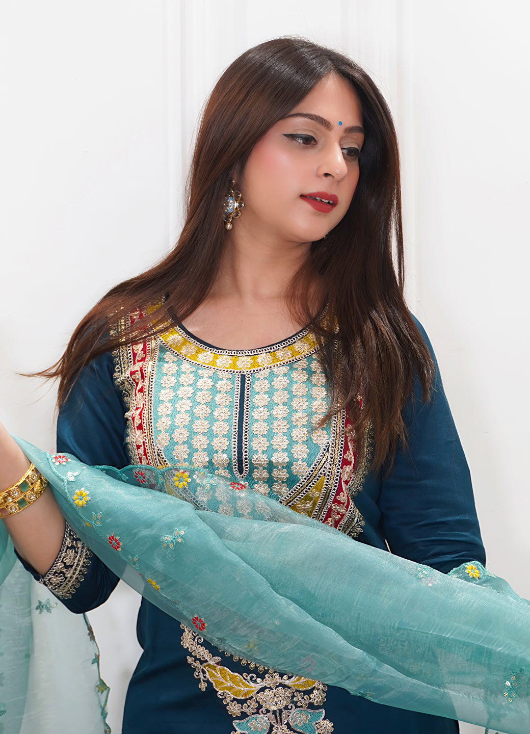 Tanirika Women's Embroidered Viscose Rayon Calf Length Straight Kurta Trouser with Dupatta Set - FitVibe Fashion