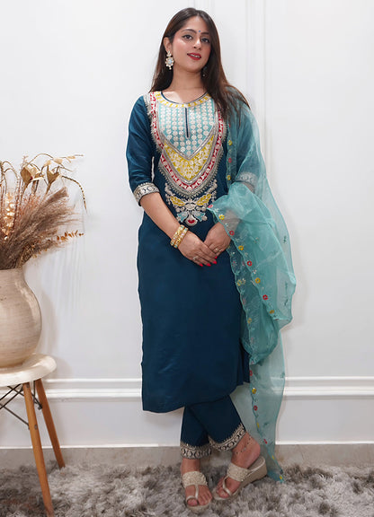 Tanirika Women's Embroidered Viscose Rayon Calf Length Straight Kurta Trouser with Dupatta Set - FitVibe Fashion