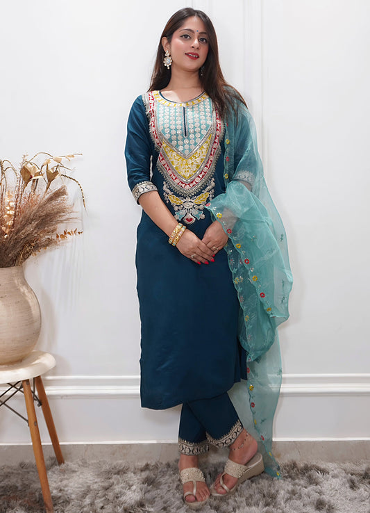 Tanirika Women's Embroidered Viscose Rayon Calf Length Straight Kurta Trouser with Dupatta Set - FitVibe Fashion