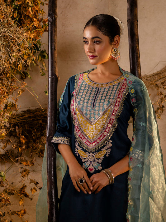 Women's Embroidered Viscose Rayon Calf Length Straight Kurta Trouser with Dupatta Set - FitVibe Fashion