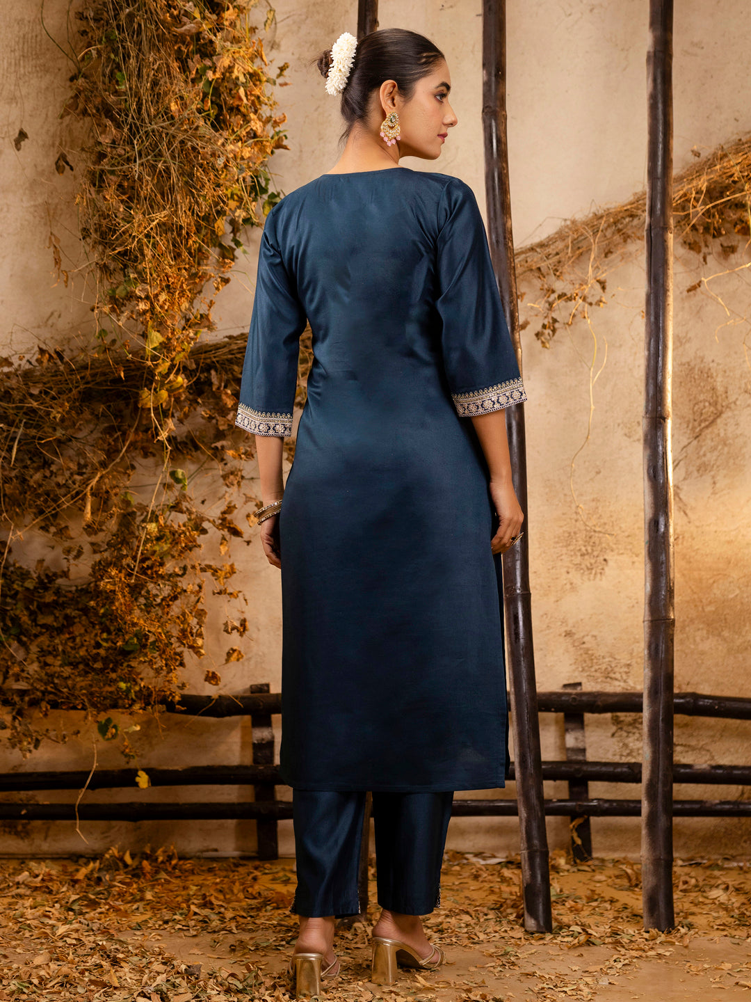 Women's Embroidered Viscose Rayon Calf Length Straight Kurta Trouser with Dupatta Set - FitVibe Fashion