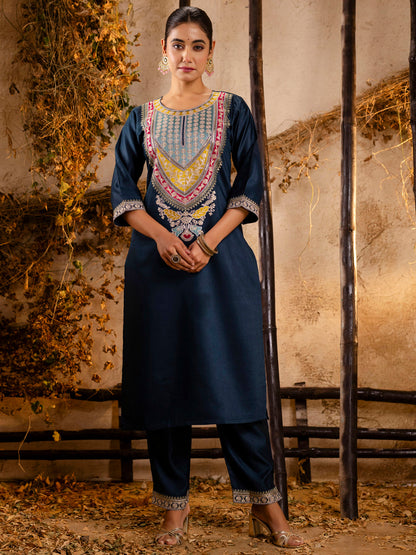 Women's Embroidered Viscose Rayon Calf Length Straight Kurta Trouser with Dupatta Set - FitVibe Fashion