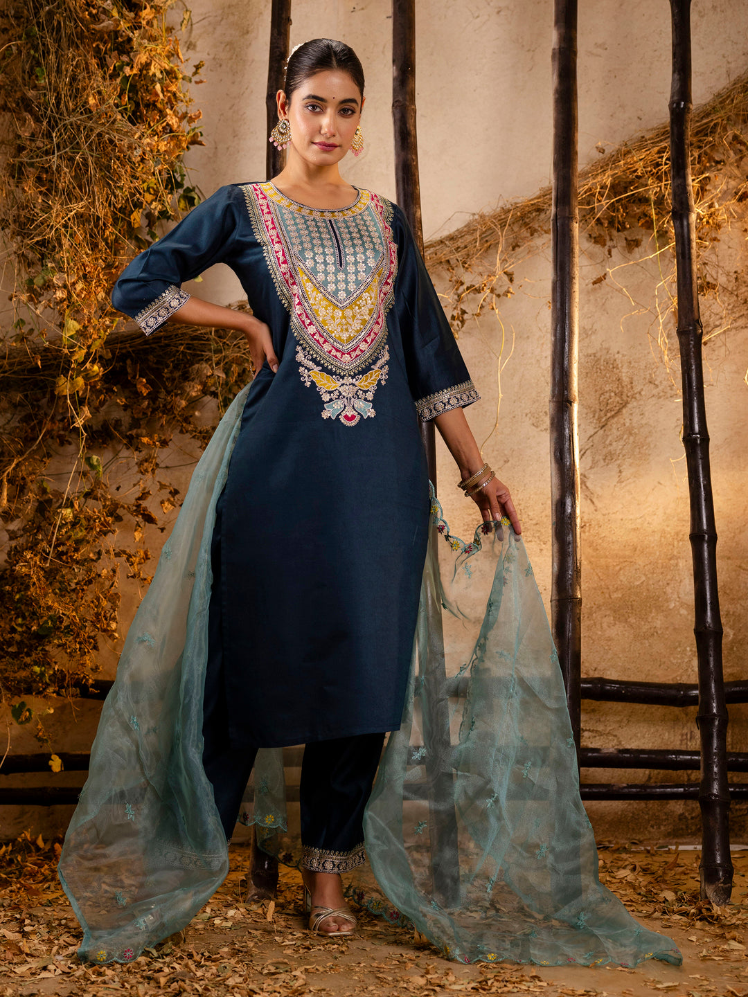 Women's Embroidered Viscose Rayon Calf Length Straight Kurta Trouser with Dupatta Set - FitVibe Fashion