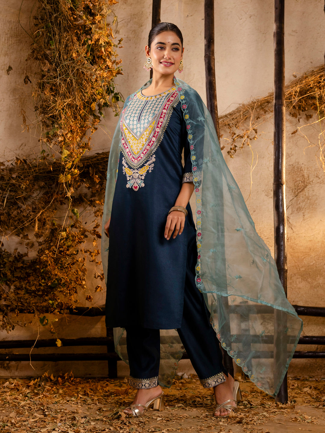 Women's Embroidered Viscose Rayon Calf Length Straight Kurta Trouser with Dupatta Set - FitVibe Fashion