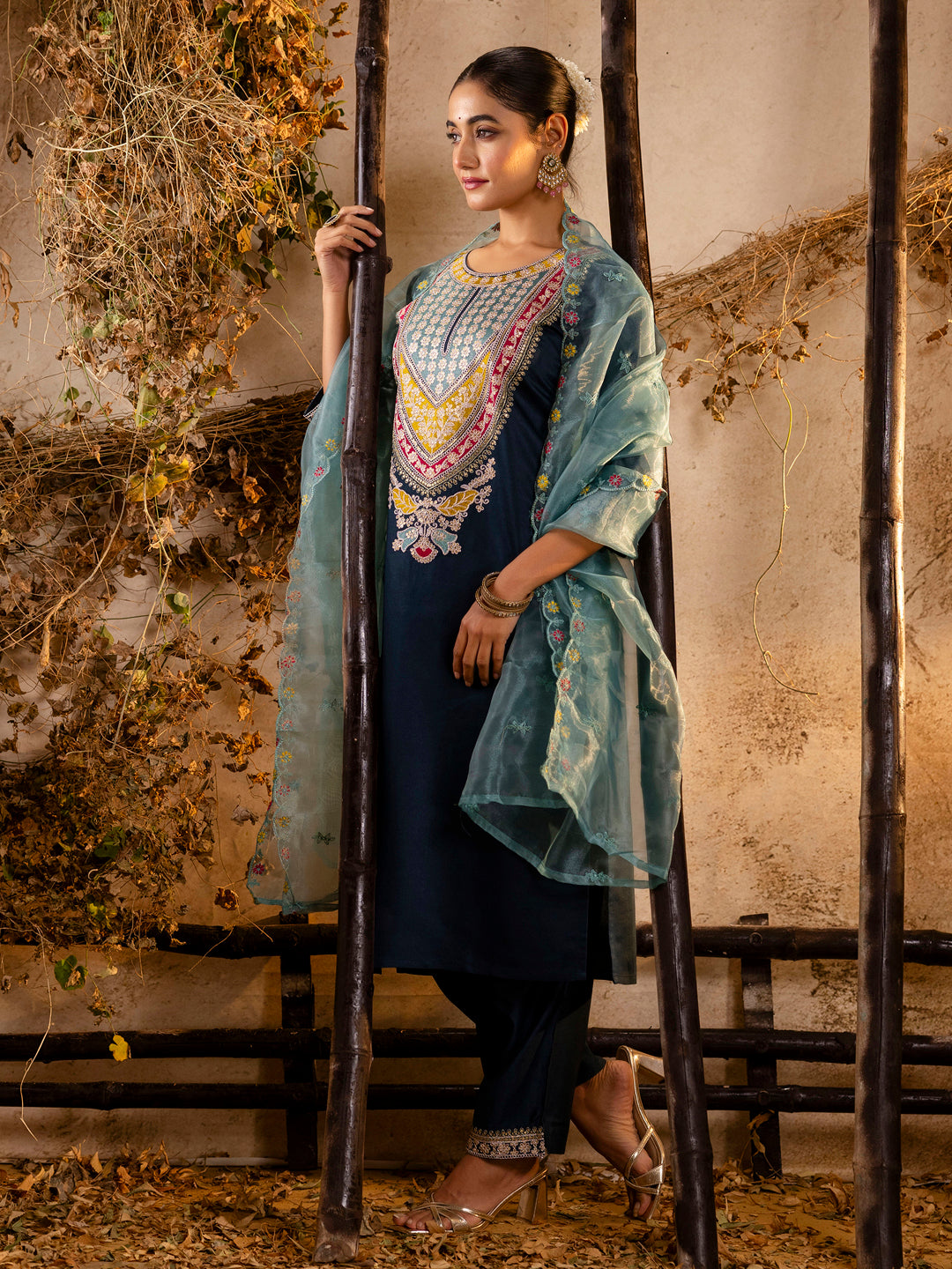 Women's Embroidered Viscose Rayon Calf Length Straight Kurta Trouser with Dupatta Set - FitVibe Fashion