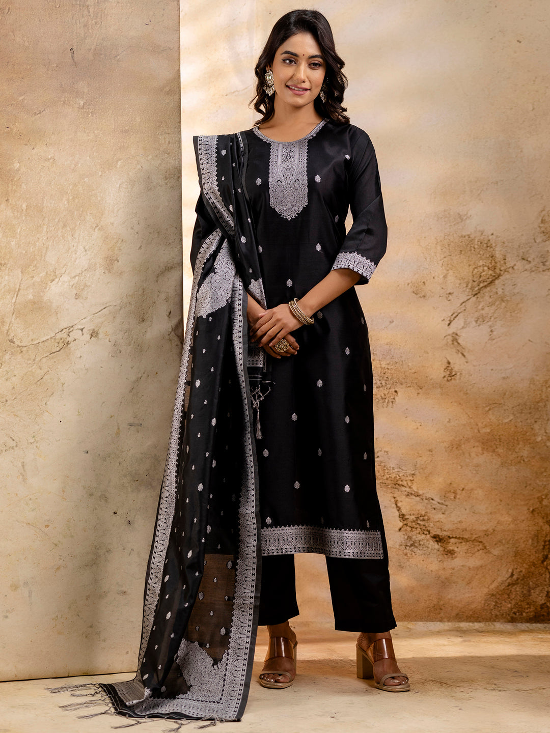 Women's Embroidered Cotton Blend Kurta Pant Sets with Dupatta - FitVibe Fashion