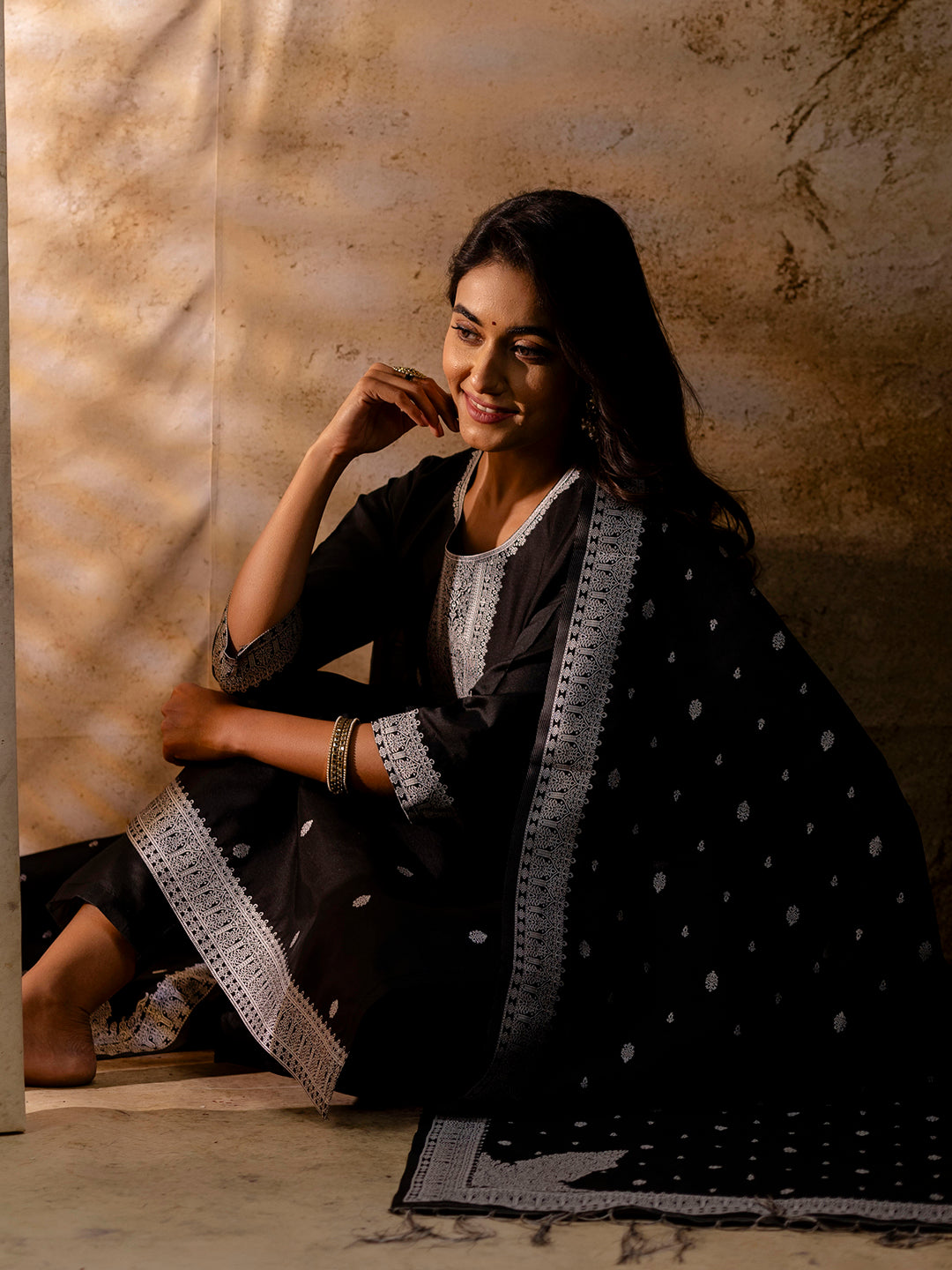 Women's Embroidered Cotton Blend Kurta Pant Sets with Dupatta - FitVibe Fashion