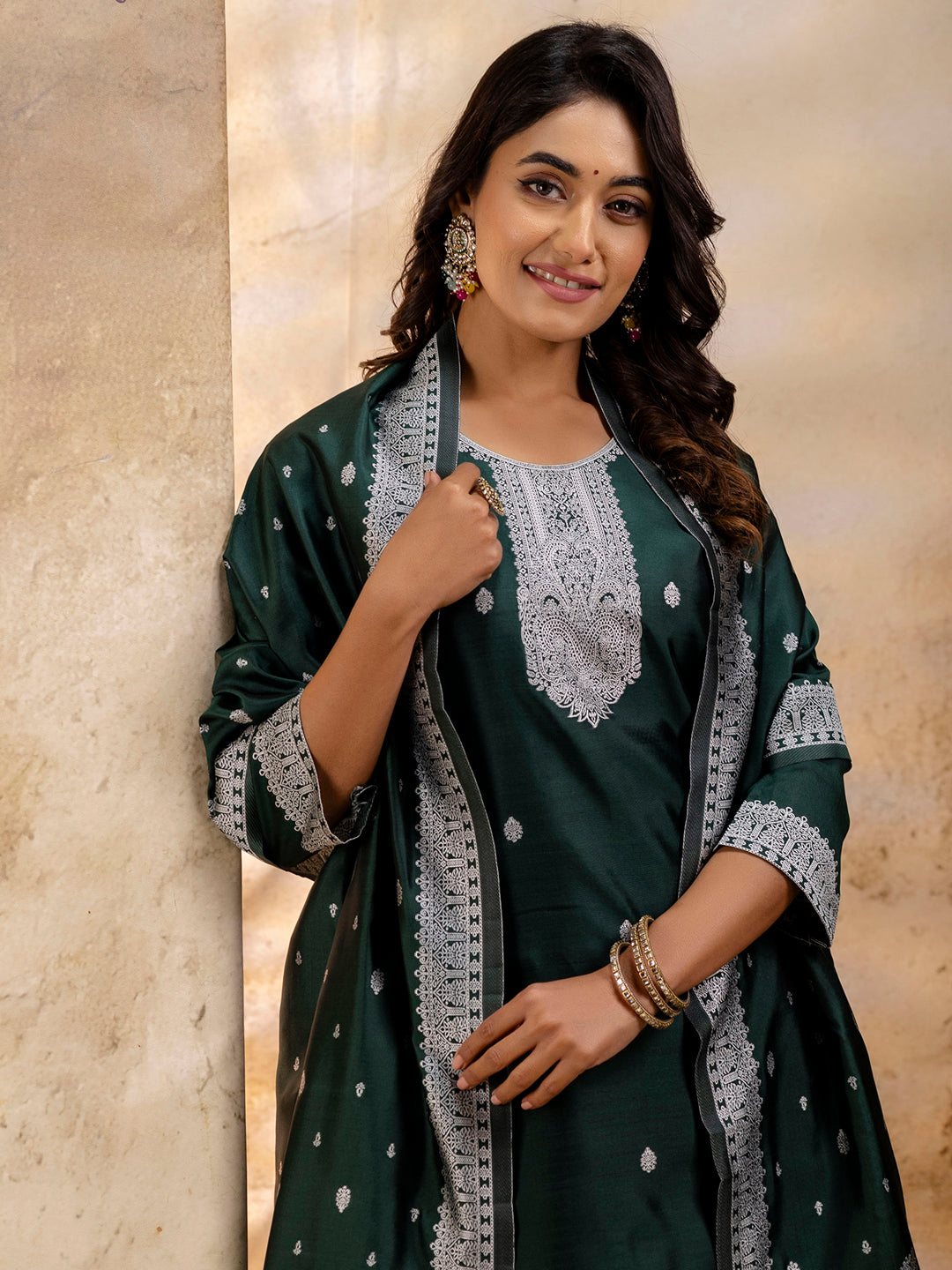 Women's Embroidered Cotton Blend Kurta Pant Sets with Dupatta - FitVibe Fashion