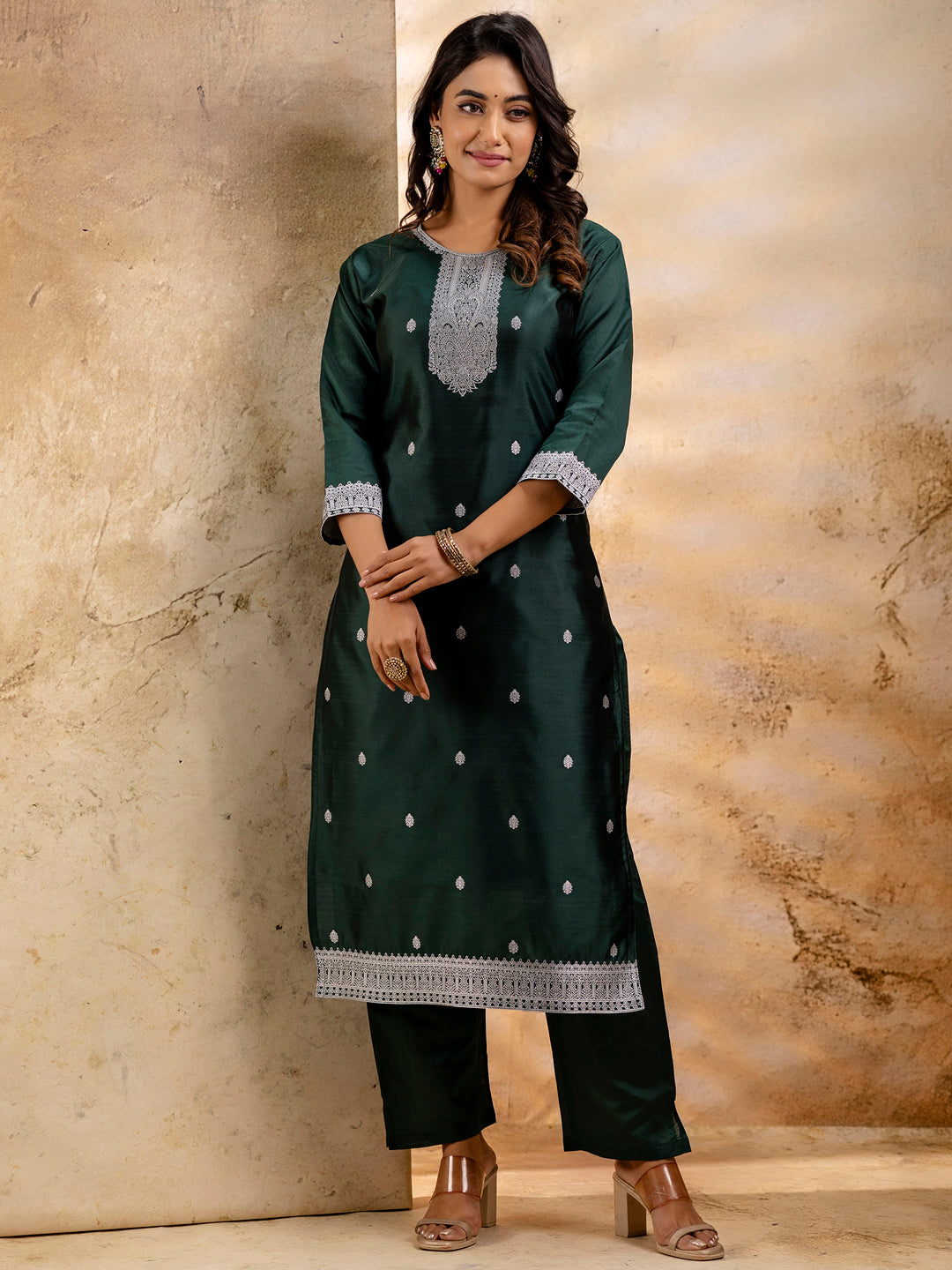 Women's Embroidered Cotton Blend Kurta Pant Sets with Dupatta - FitVibe Fashion