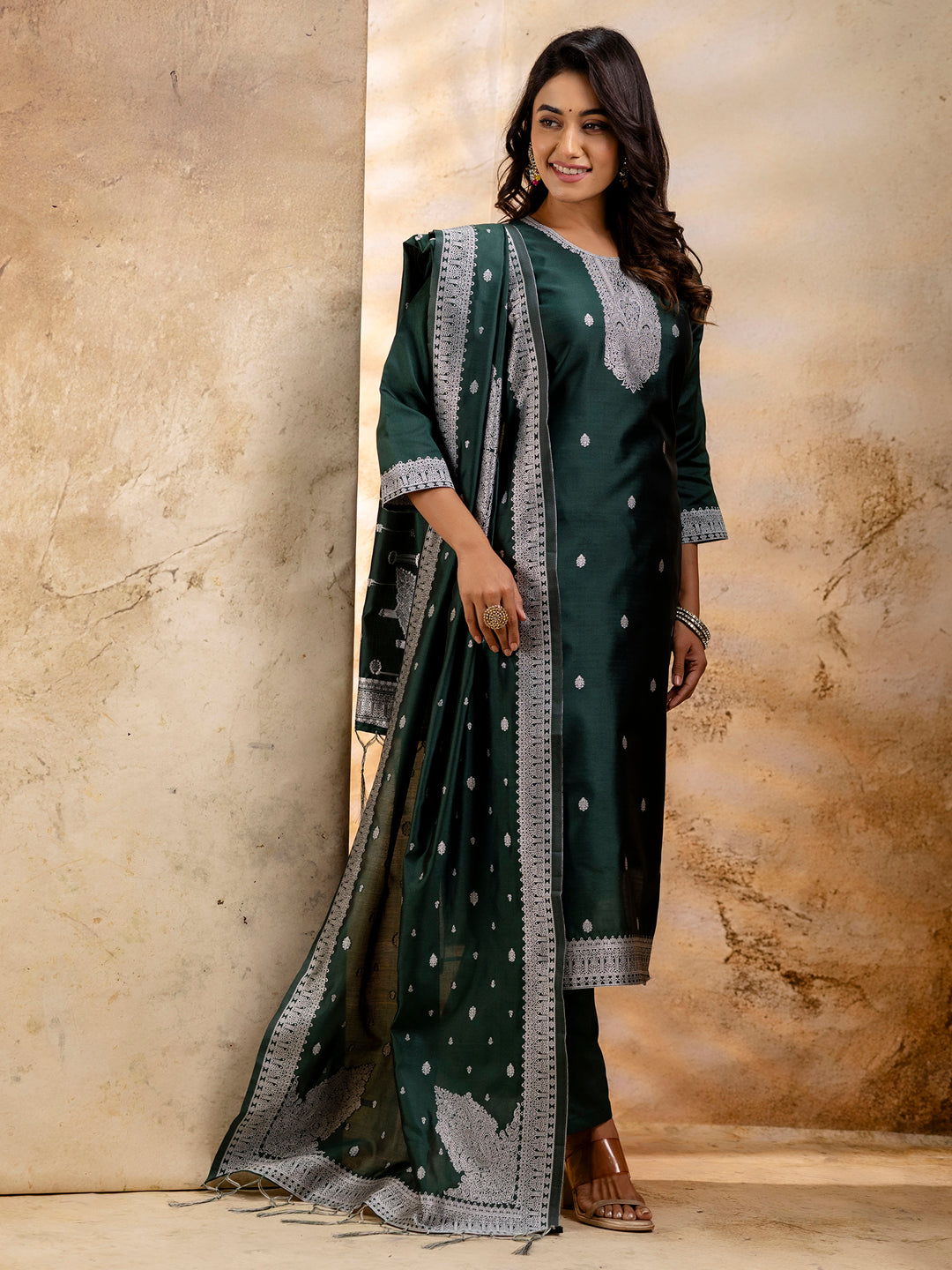 Women's Embroidered Cotton Blend Kurta Pant Sets with Dupatta - FitVibe Fashion