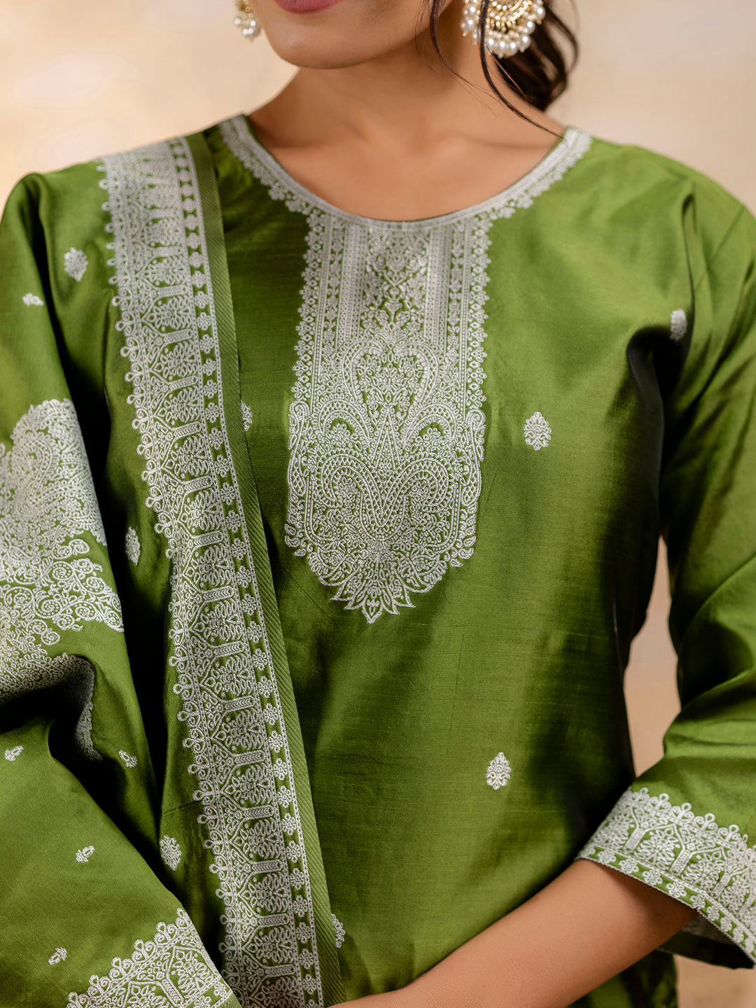 Women's Embroidered Cotton Blend Kurta Pant Sets with Dupatta - FitVibe Fashion